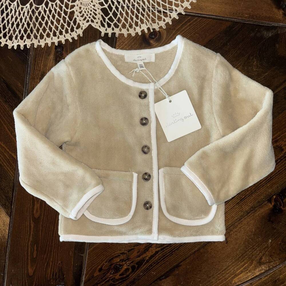 NEW STARTING OUT kids trim sofi jacket with pockets in tan with white
